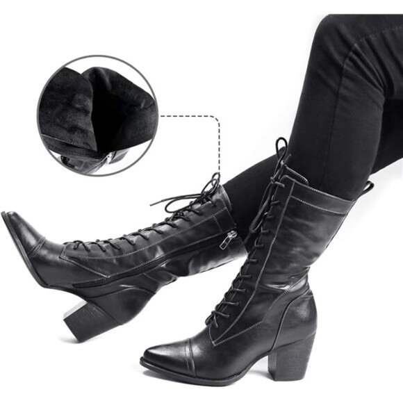 Women's Mid Calf Boots Lace up Combat Boots Leather Side Zipper Winter Boots - Picture 5 of 7